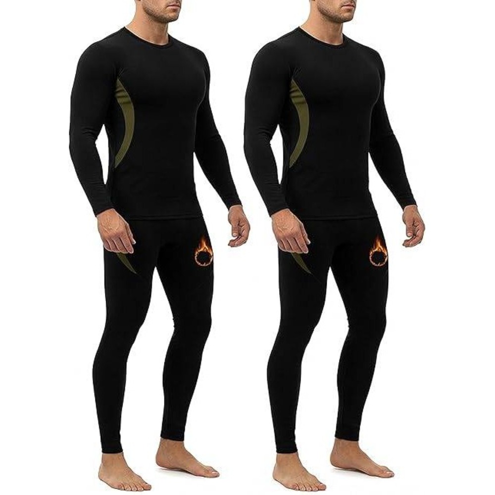 Mens Thermal Base Layer Set Micro Fleece Lined Long Johns Black Olive Size Large